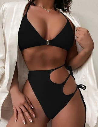 Women Sexy Deep V Neck Swimsuit High Waist Hollow Out Bandage Swimwear Female Solid Color Bikini Set Backless Bathing Suits 2024 image