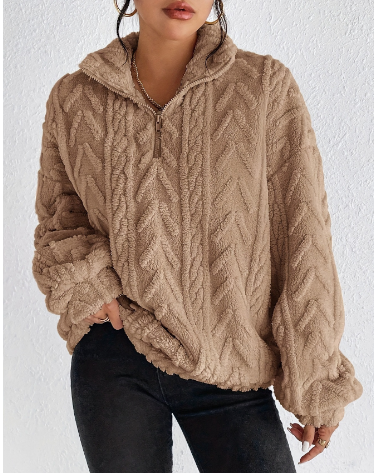 Double-sided plush stretch casual zipper pullover top image