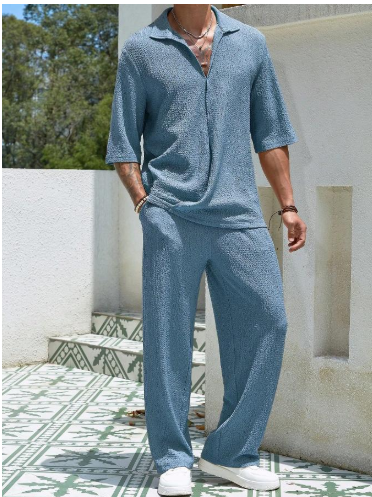 2025 Lente nieuwe heren pak-kraag commuter casual shirt Mode retro hoogwaardige effen kleur half mouwen broek tweedelige set image