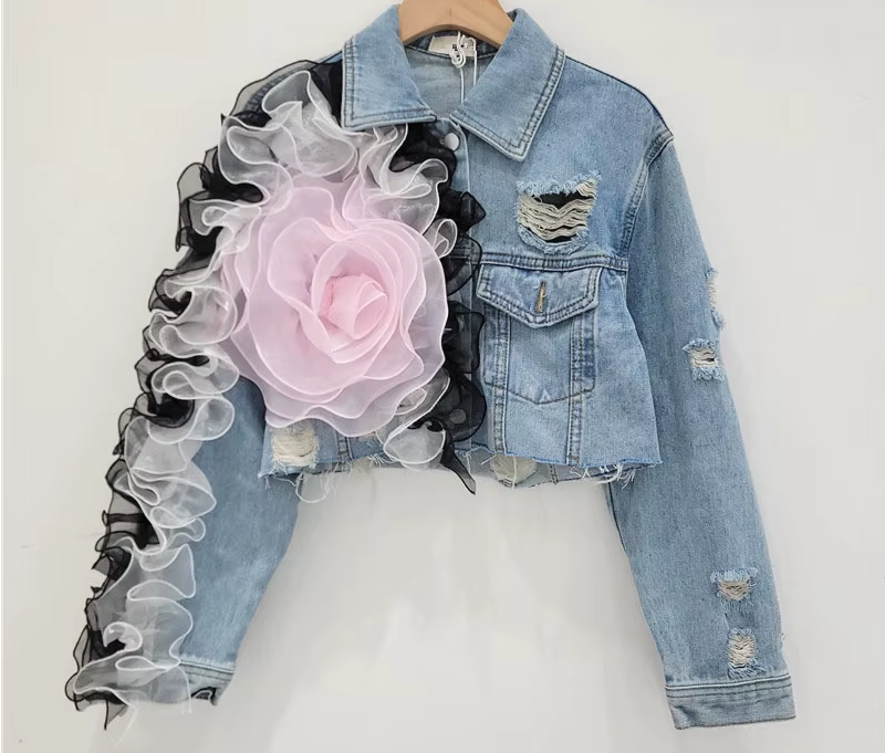 Mesh splicing personality hole design sense short denim coat woman image