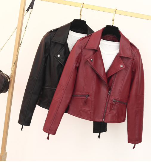 Leather women's lapel PU washed leather motorcycle women's short coat image