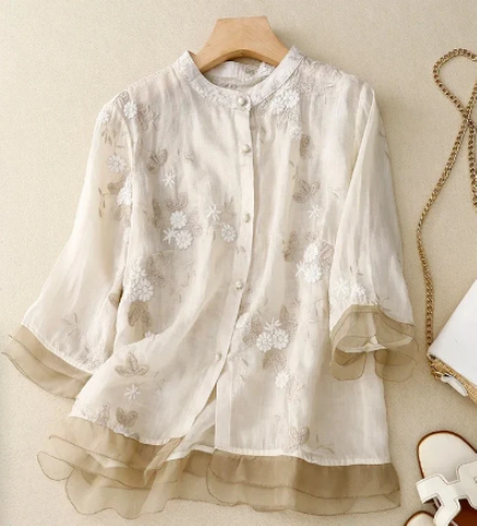 LIZZY - GEBORDUURDE BLOEMEN BLOUSE - XXL (42/44) / Abrikoos image