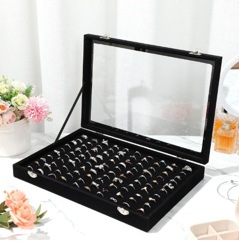 Velour and Jewelry Ring Organizer Box with Clear Glass Lid Dust-Proof 100-Slot Tray for Rings, Earrings box image