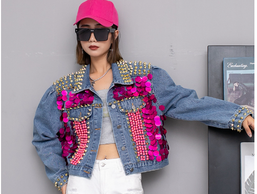Sequin design short denim jacket lady image