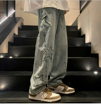 Y2K Vintage Men Korean Blue Streetwear Oversize Star Aesthetic Straight Trousers Wide Leg Jeans Grunge Denim Pants Women Clothes image