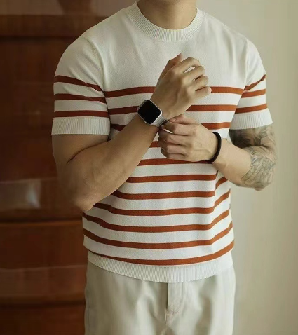 Summer Ice Silk Striped Round Neck Knitted Men's Short Sleeve T-shirt image