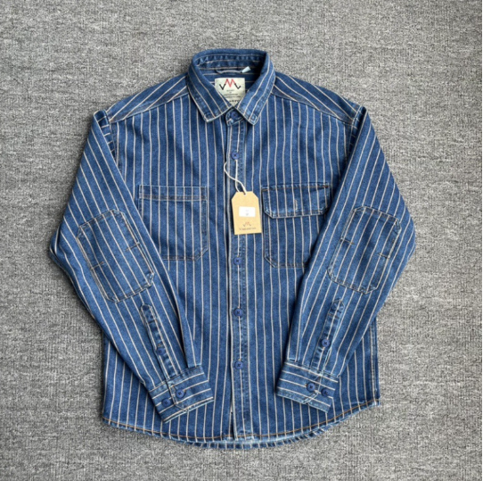 Spring New American Retro Heavyweight Denim Cargo Striped Shirt Men's Fashion 100% Cotton Washed Old Casual Blouses Thin Jacket image
