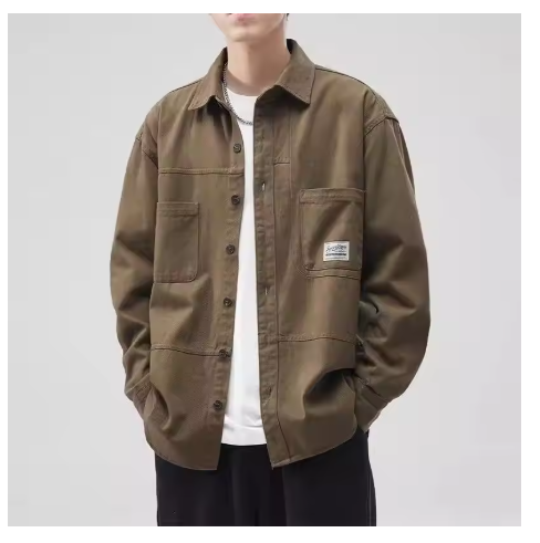 Retro Work Shirt Jacket for Men Spring and Autumn Casual Japanese Cotton Cardigan Loose Jacket image